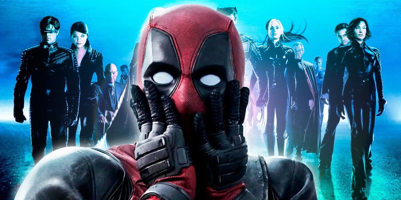 A collage of Deadpool gasping in front of the X-Men cast from X2: X-Men United.