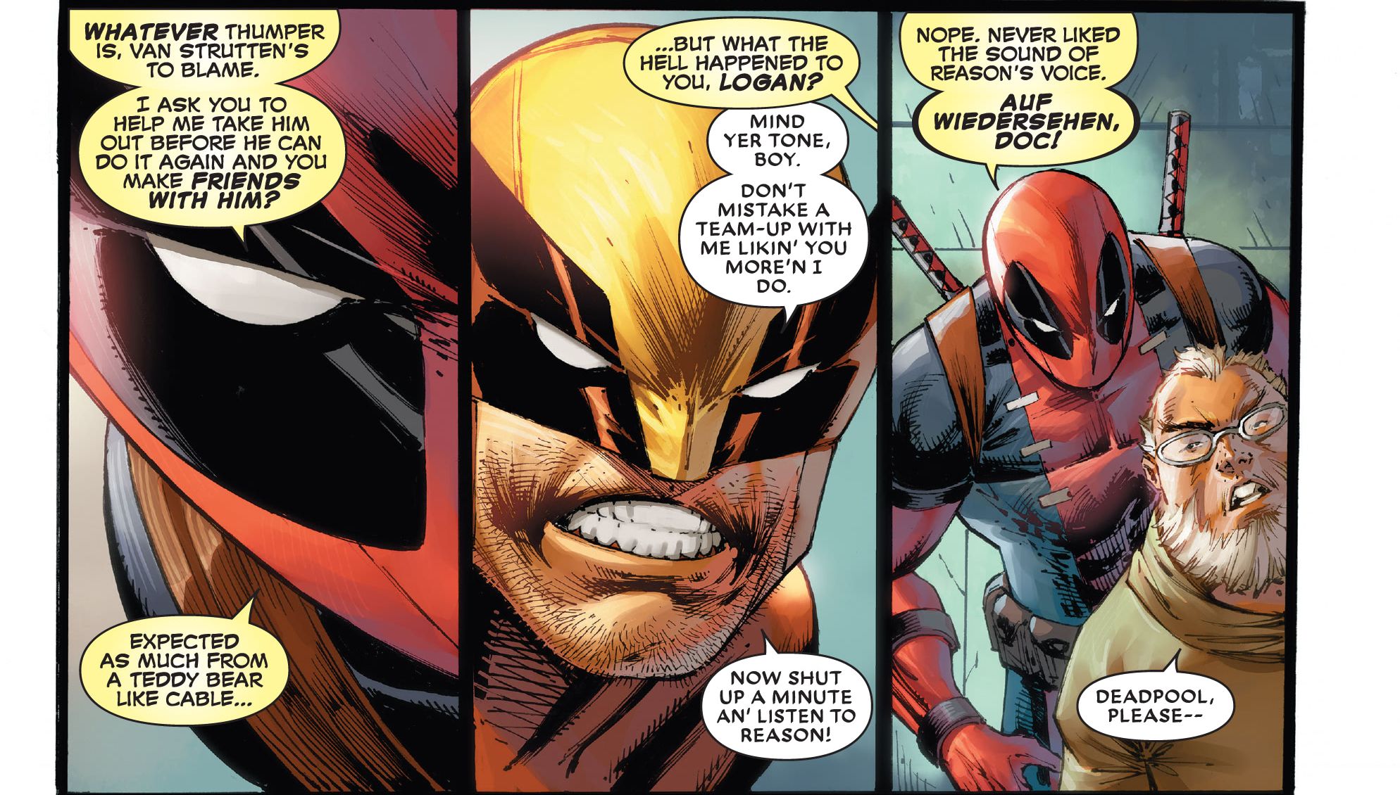 Deadpool discute com Wolverine sobre matar Van Strutten em Deadpool Badder Blood #1