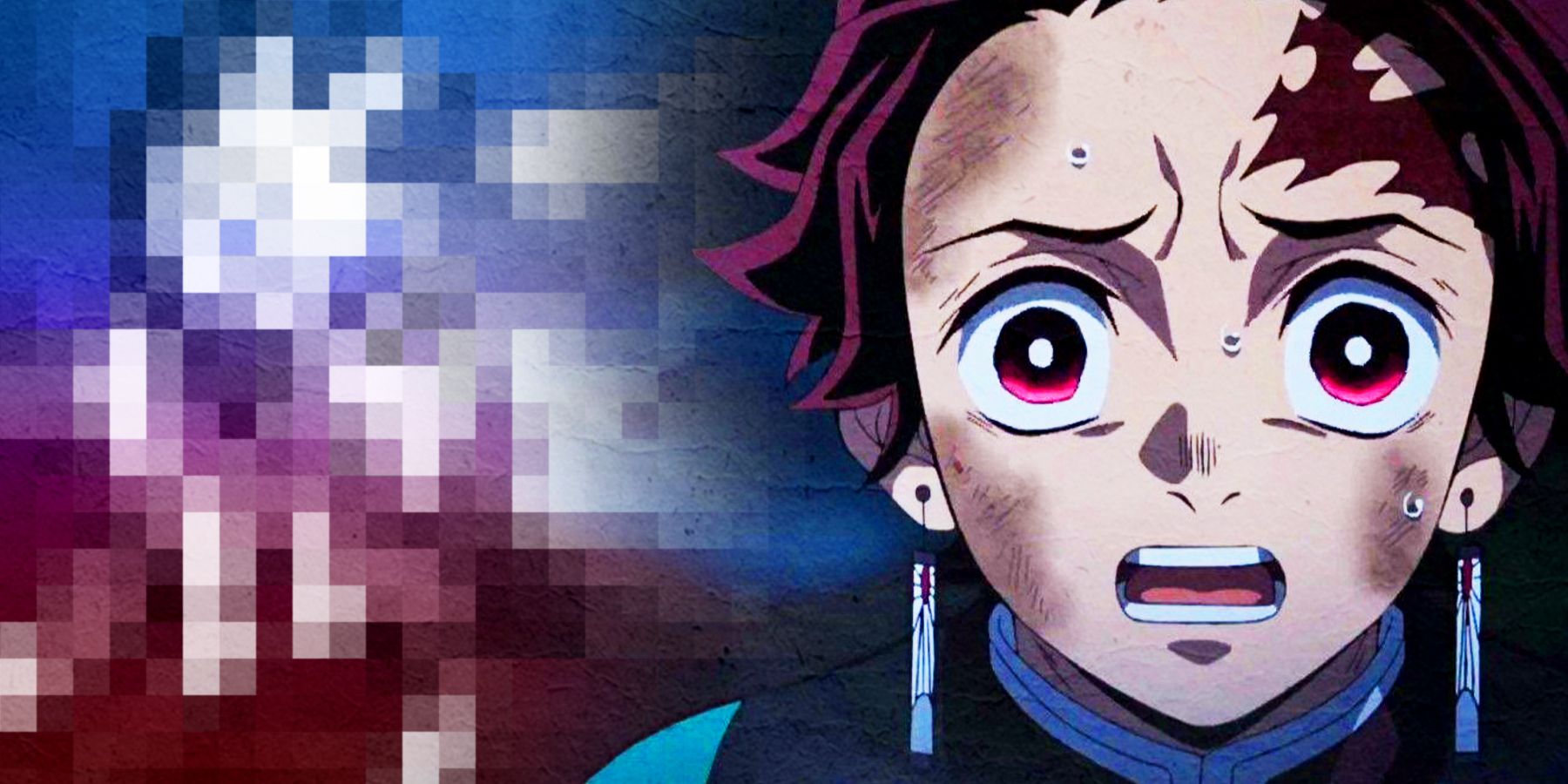 Tanjiro of Demon Slayer looking shocked in front of a mysteriously pixelated image