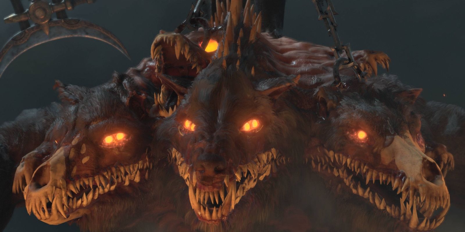 A four headed beast with glowing yellow eyes looking menacingly at the viewer.