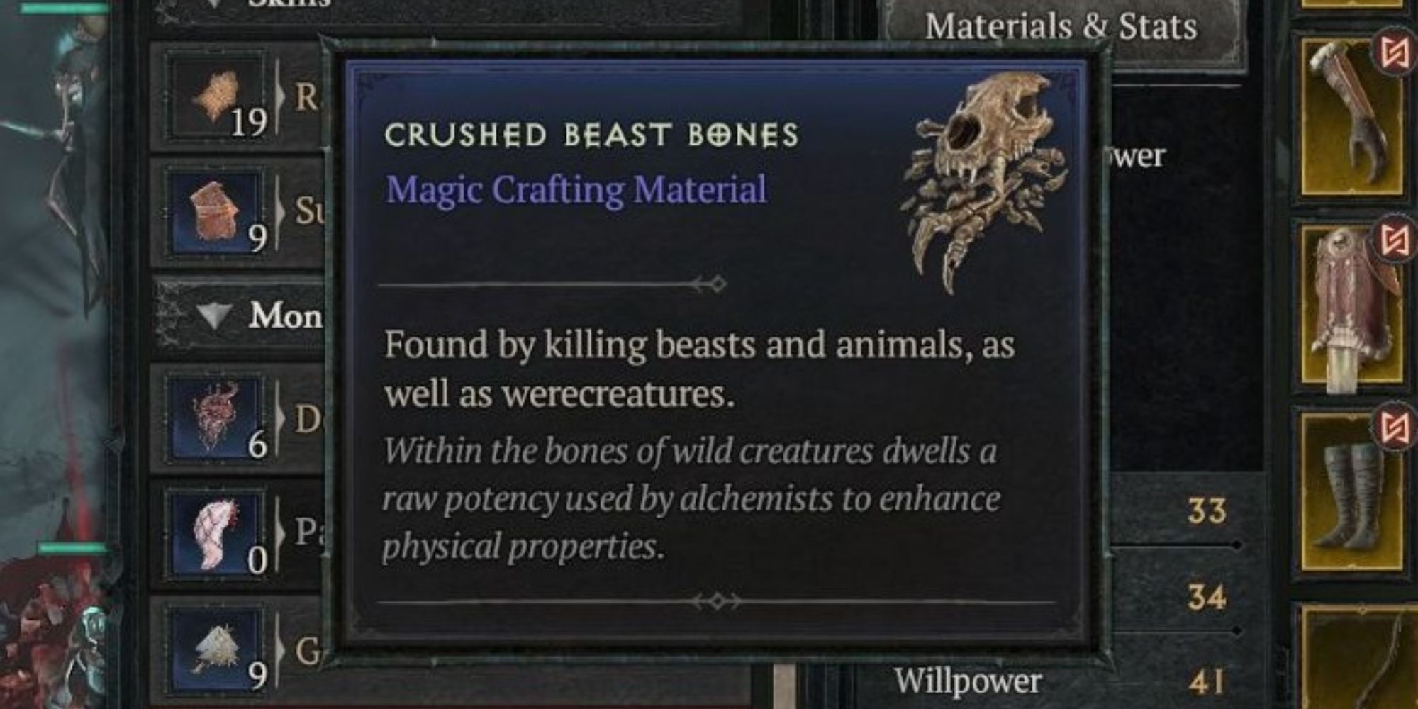 Diablo 4 Crushed Beast Bones Descrição no menu