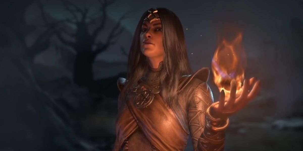 A female sorcerer in Diablo 4 wearing leather armor and holding a fireball in her hand