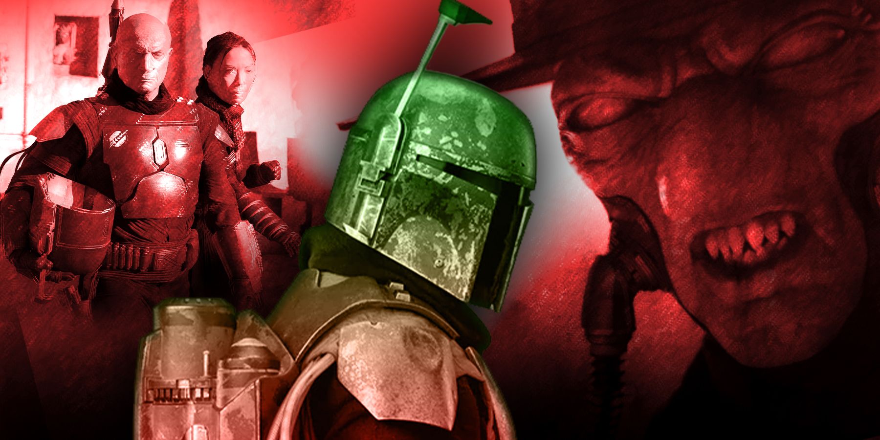  Fennec Shand and Boba Fett with his helmet off, Boba Fett with helmet on and Cad Bane of show The Book of Boba Fett