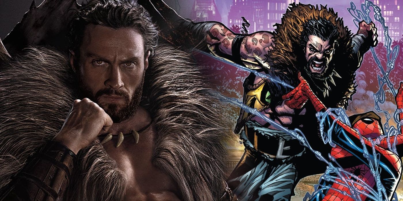 Aaron Taylor-Johnson as the cinematic Kraven the Hunter with the Marvel Comics character fighting Spider-Man in the background