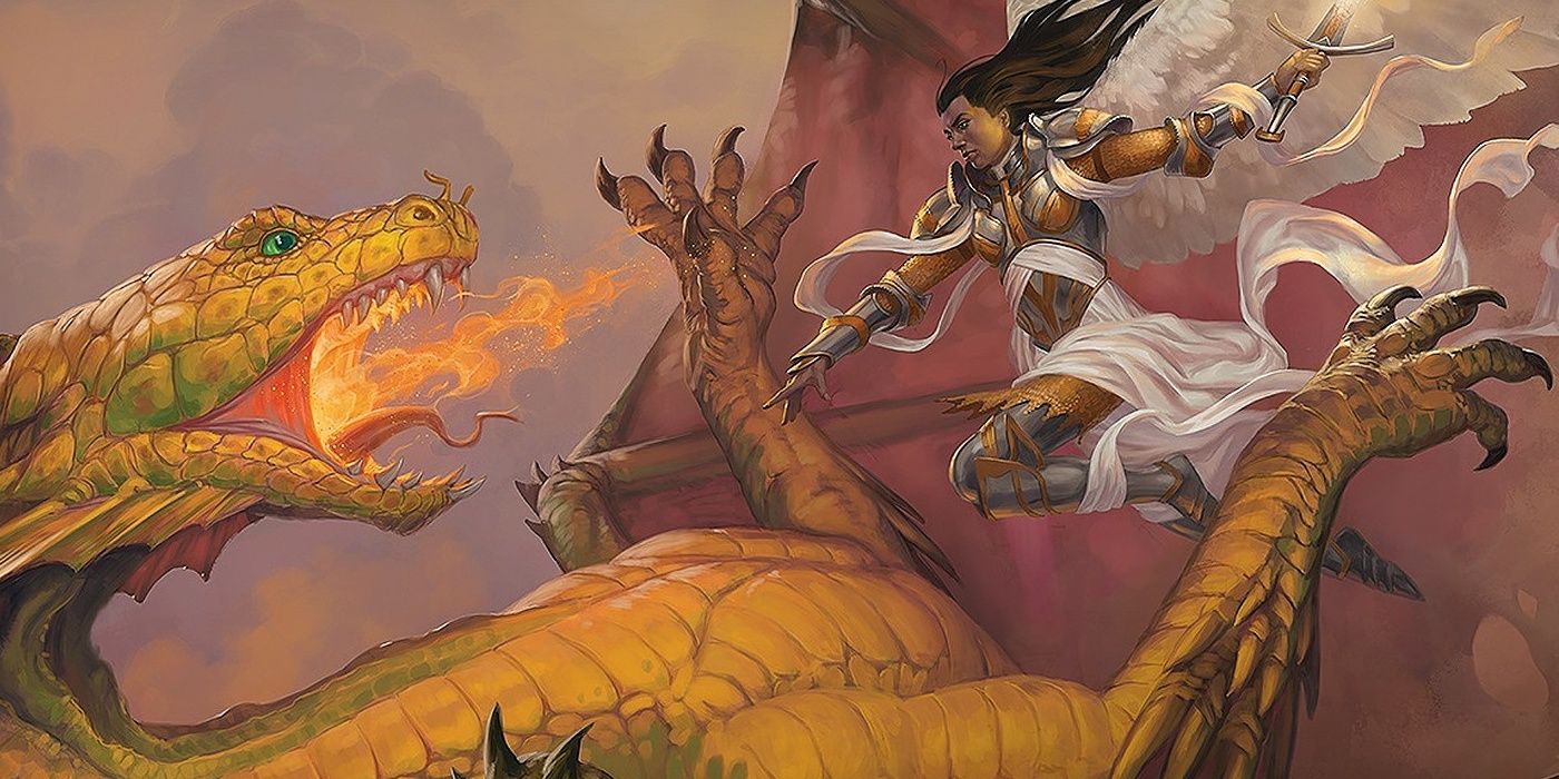 MTG - Dominária remasterizada com um dragão lutando contra um anjo