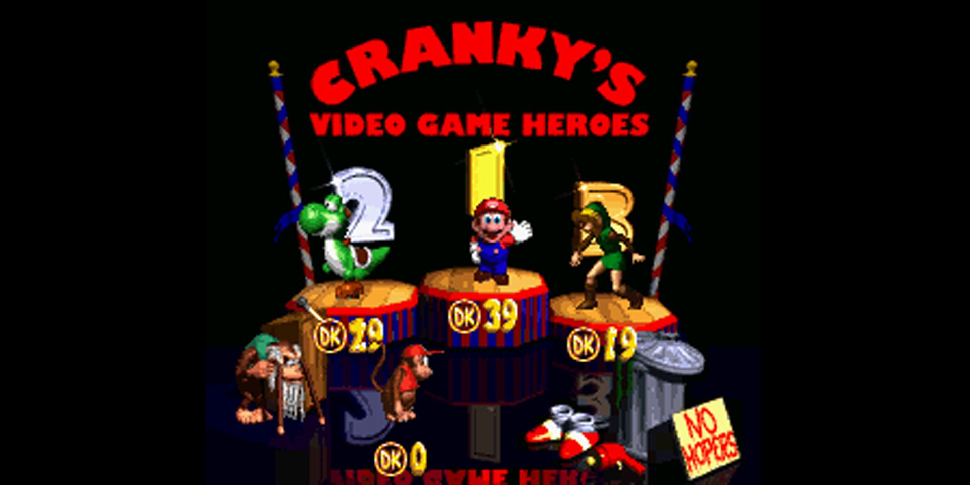 Donkey Kong Country 2 Cranky's Video Game Heroes, com sapatos de Link, Yoshi, Mario e Sonic.