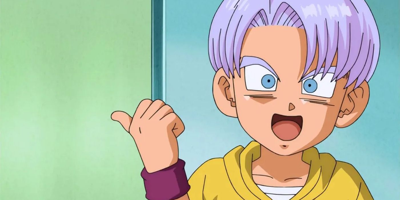 Trunks señala hacia atrás con el pulgar en Dragon Ball