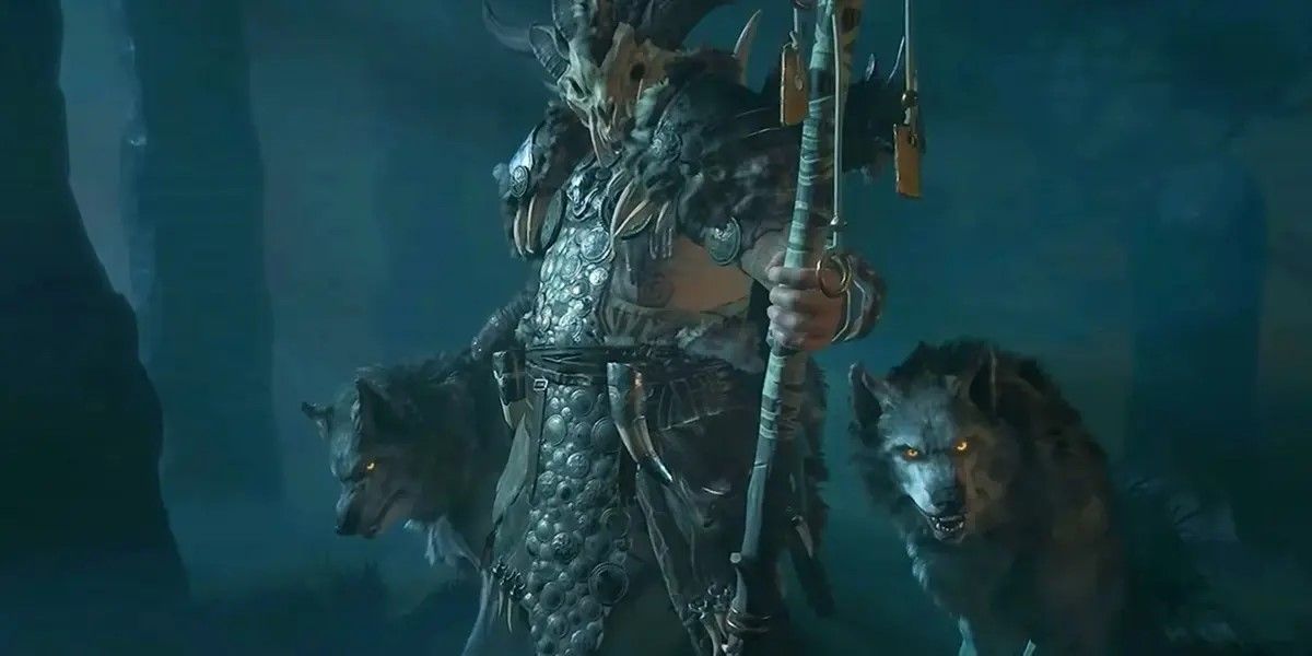 Um Druida e seus lobos posando em Diablo IV