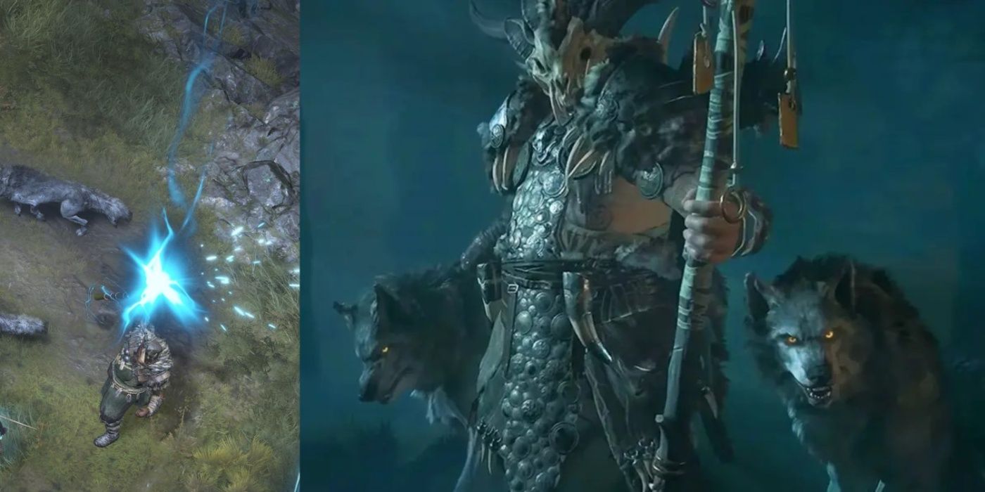 Druid using Cataclysm and a Druid with wolves in Diablo IV.