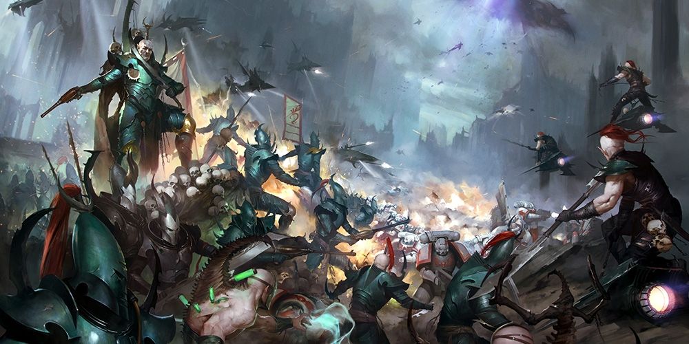 Drukhari lutando contra fuzileiros navais espaciais em Warhammer 40.000