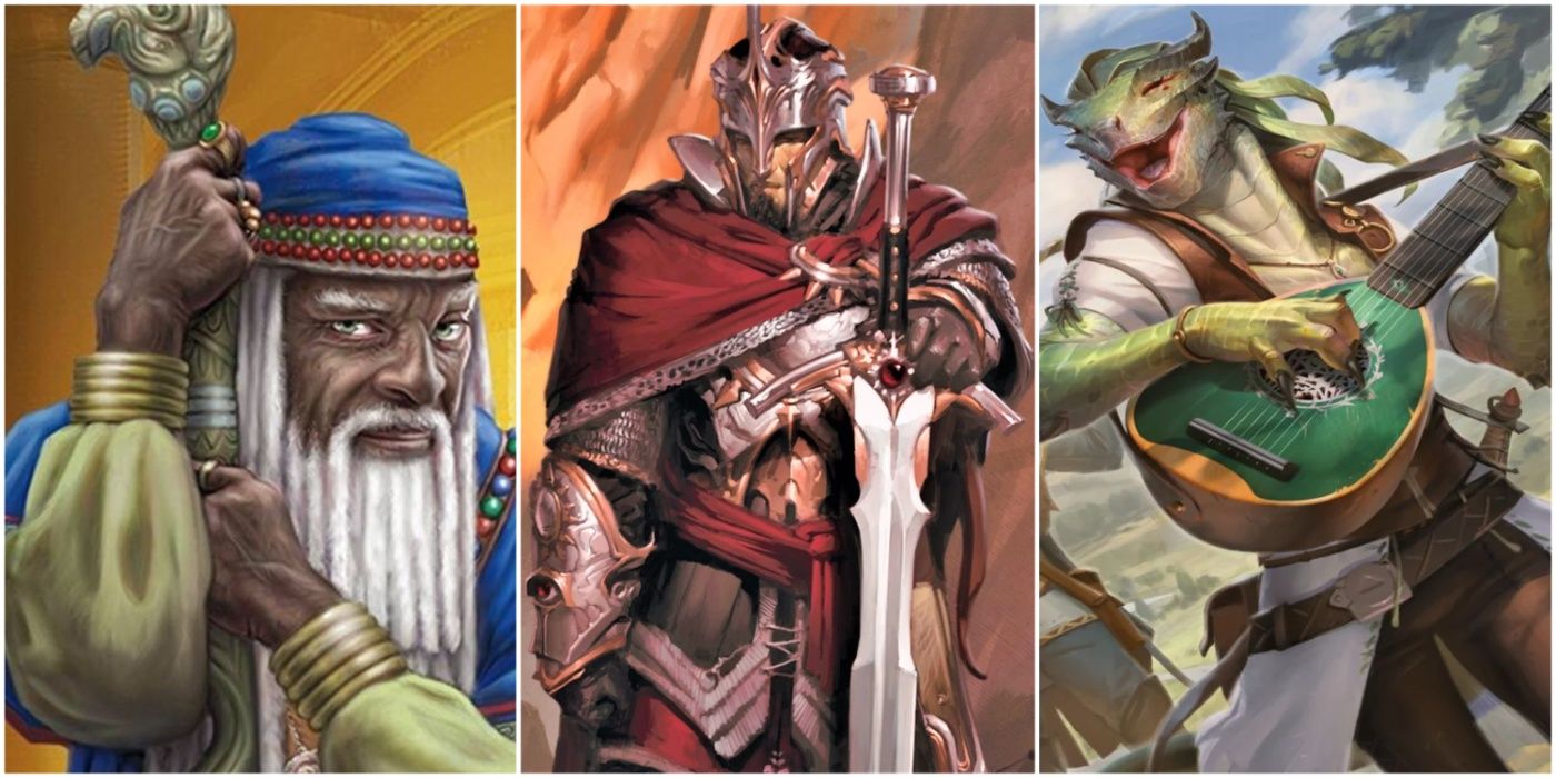 A split image showing a wizard, fighter, and bard in DnD