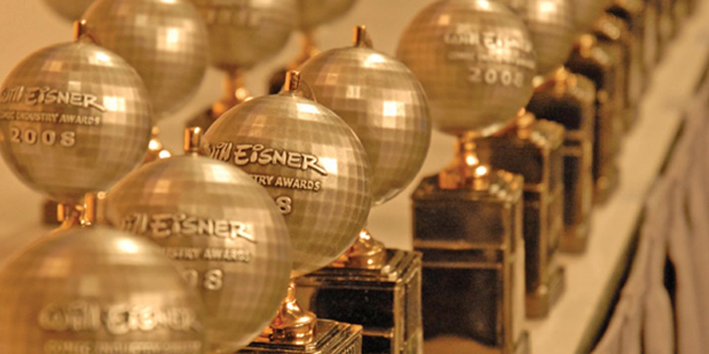 A lineup of gold Eisner Awards from 2008.