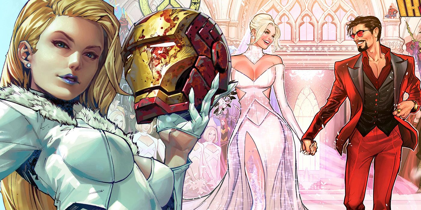 split image: White Queen holds Iron Man's helmet and Emma Frost and Tony Stark's wedding