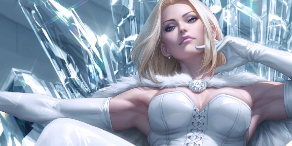 Emma Frost sitting on a diamond throne, wearing a white corset and white fur cape. She is gazing down at the viewer.
