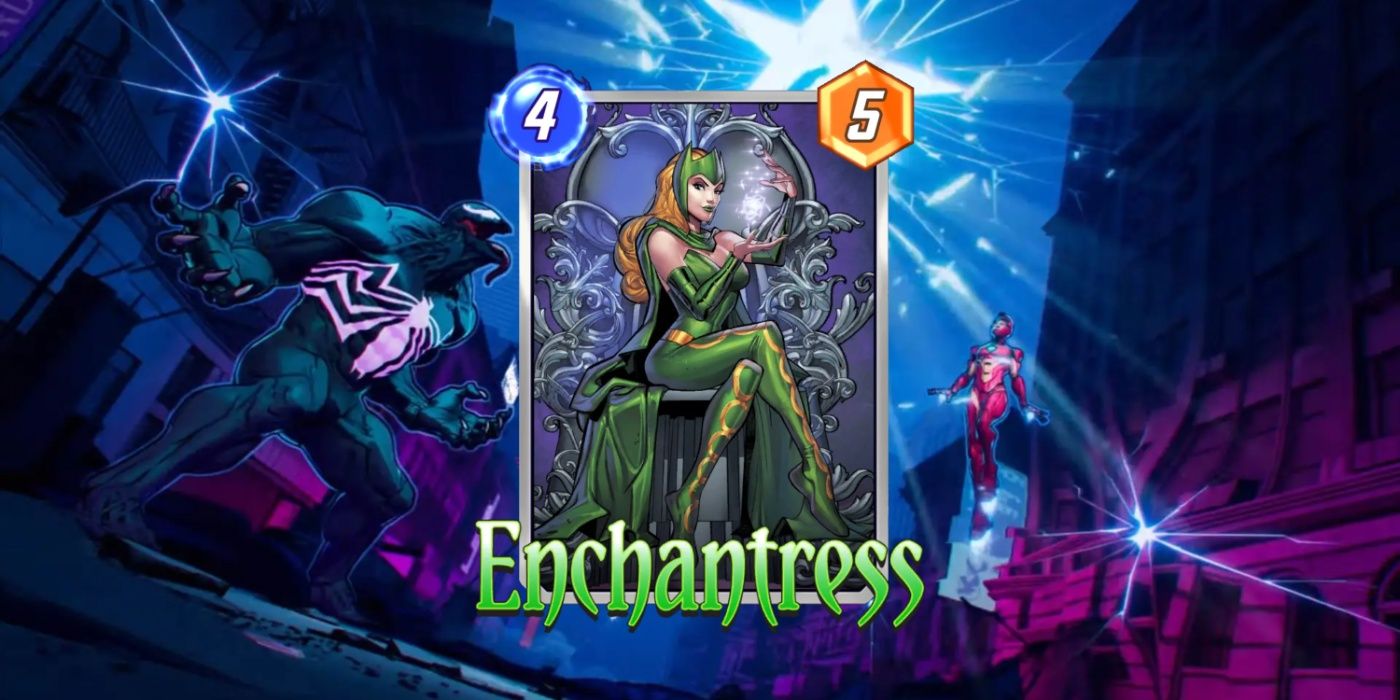 Cartão Marvel Snap da Enchantress contra o fundo da arte promocional