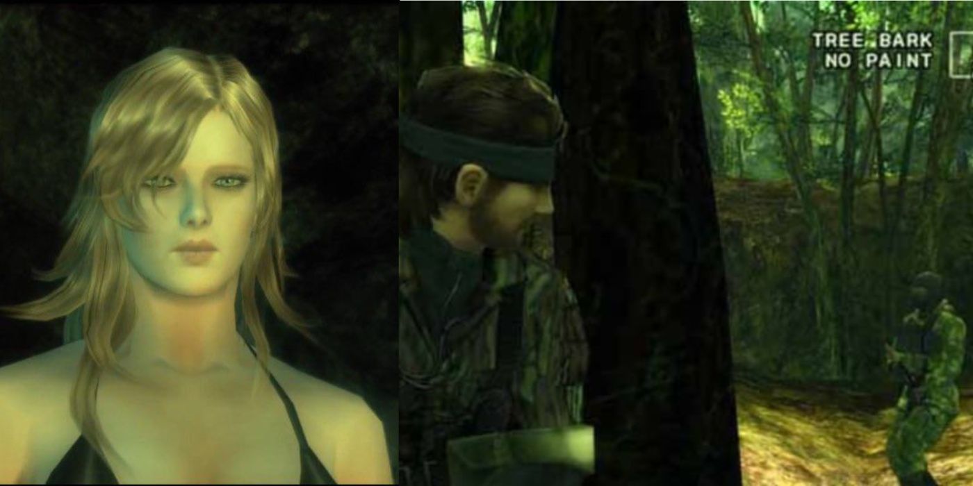 Imagem dividida de EVA e Naked Snake se escondendo atrás de uma árvore de um soldado inimigo.