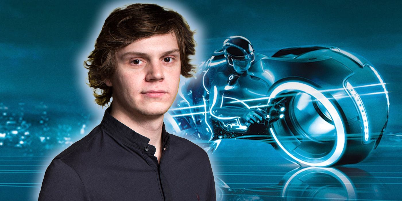Evan Peters in front of an image from Tron: Legacy.