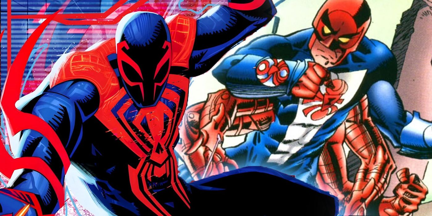 Split image of Spider-Man 2099 from Spider-Man: Across the Spider-Verse with Spider-Man 2211 from Marvel Comics