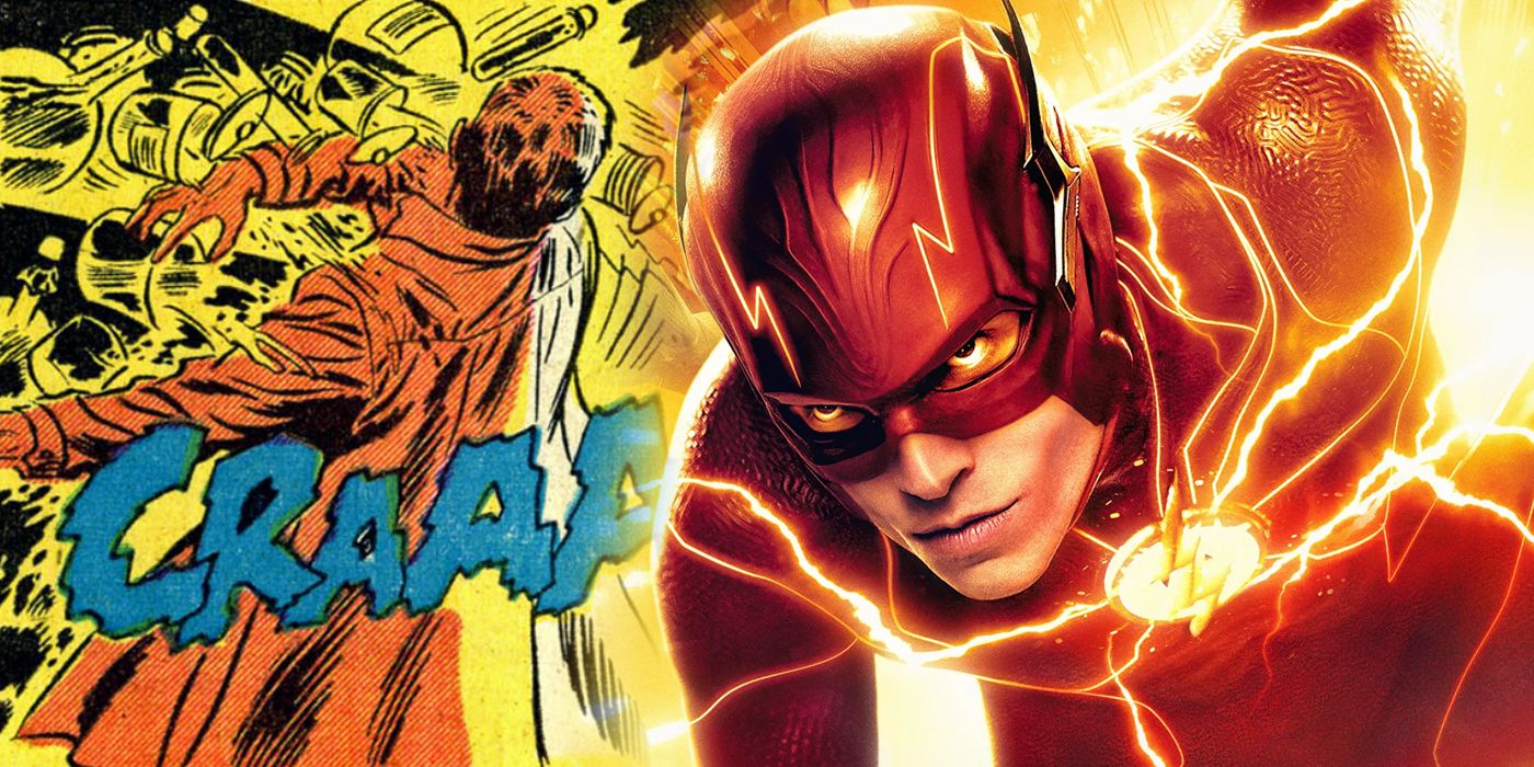 Split image of Ezra Miller as The Flash with Barry Allen's comic origins in the background