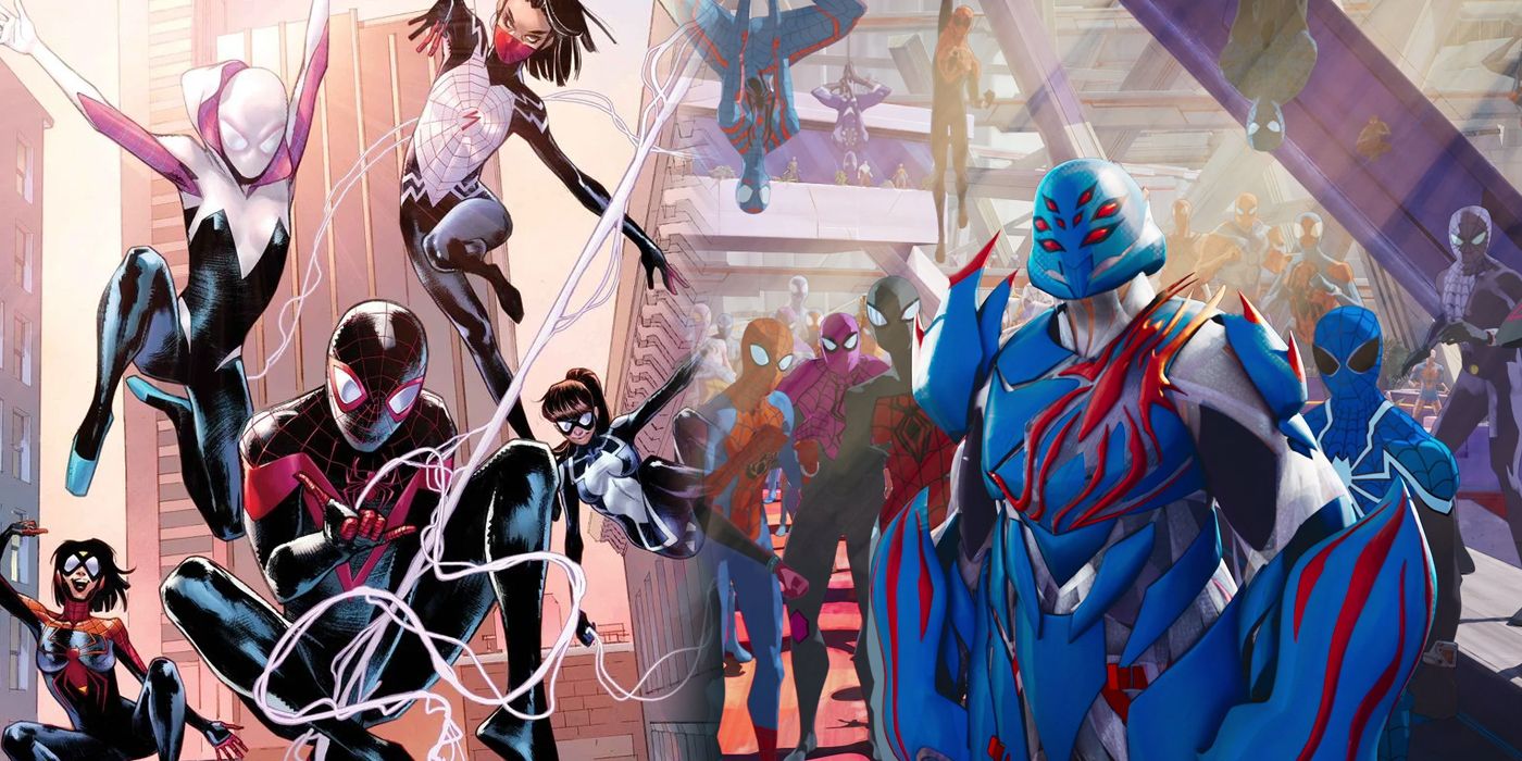 A split image of Order of the Web in Marvel Comics and Spider Society from Across the Spider-Verse