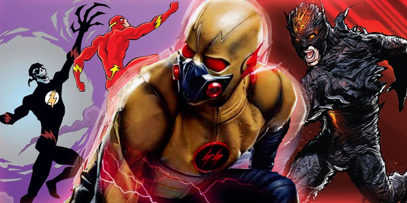 Reverse Flash from The CW's Crisis on Earth X with comic versions of Black FLash chasing Wally West and Dark Flash from the 2023 film