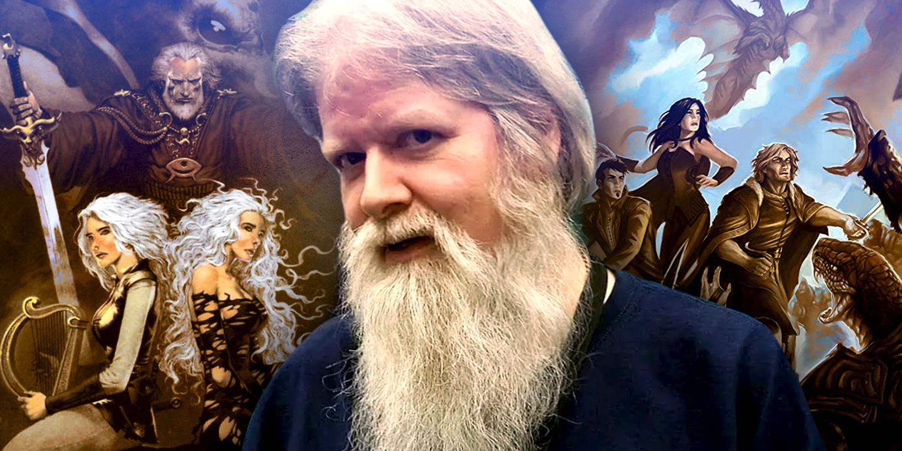 Dnd images behid a picture of Forgotten Realms creator Ed Greenwood.