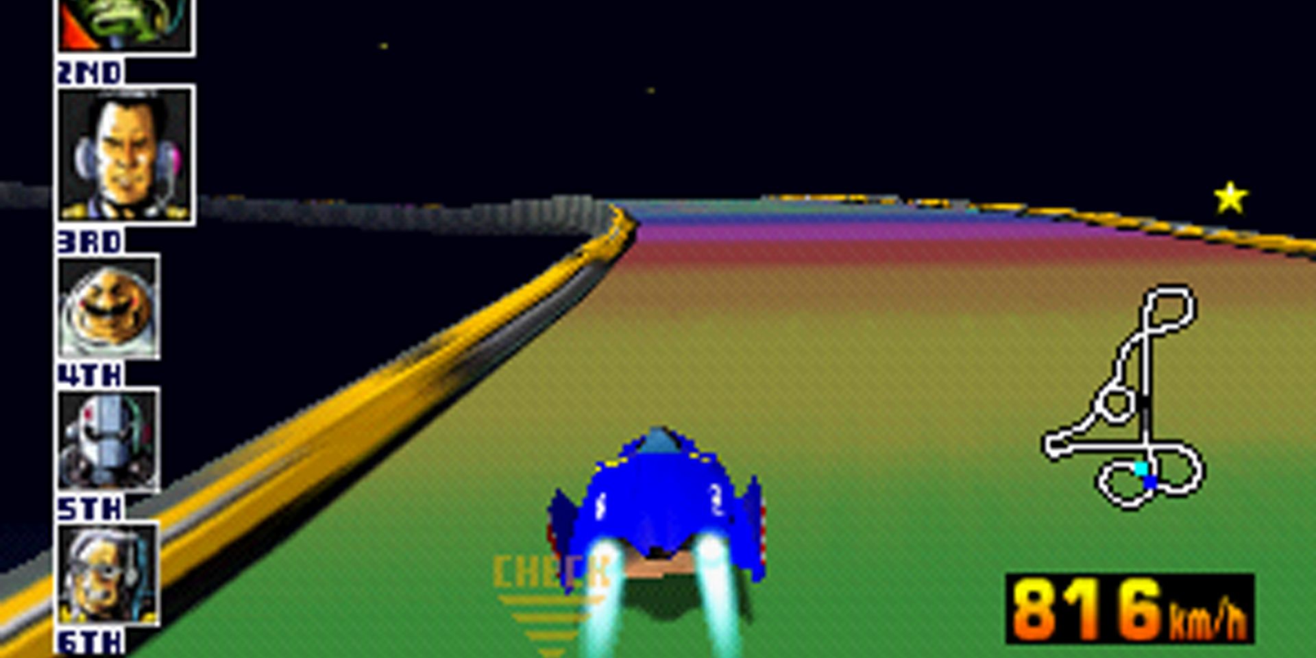 Los competidores corren en Rainbow Road en F-Zero X.