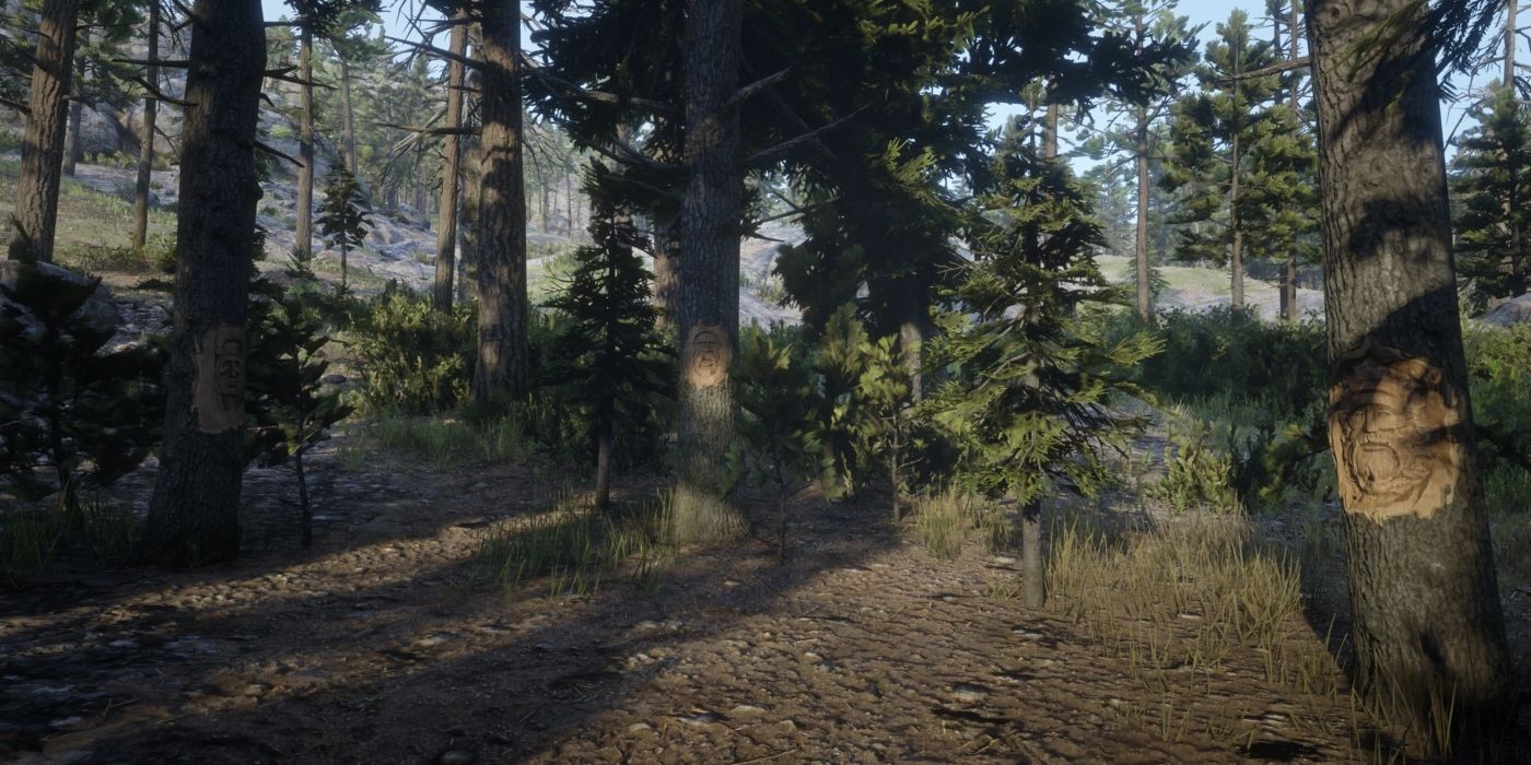 Rostos esculpidos em árvores em Red Dead Redemption 2