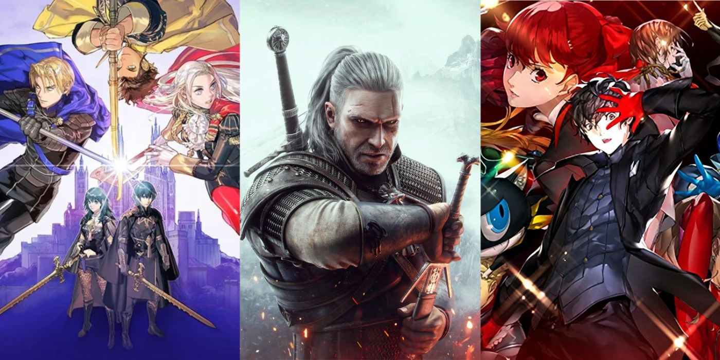 Split image of cover art for Fire Emblem: Three Houses, The Witcher 3, and Persona 5 Royal.