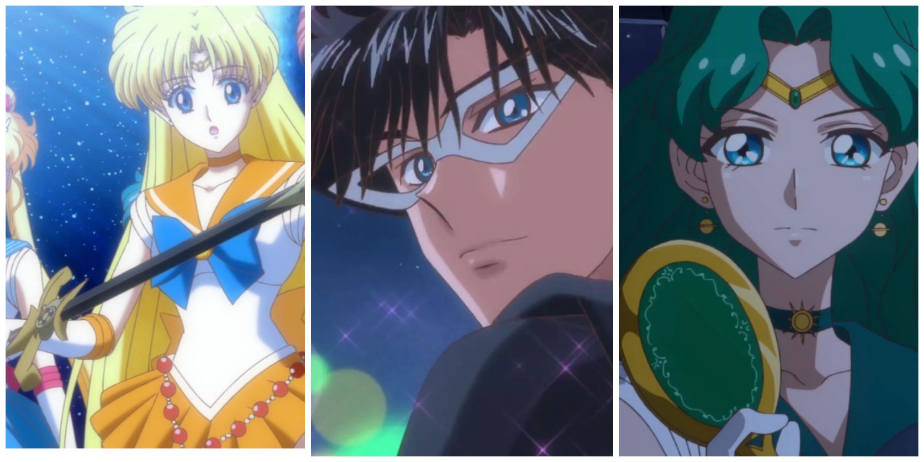 Sailor Venus, Tuxedo Mask, and Sailor Neptune holding her mirror in Sailor Moon Crystal.