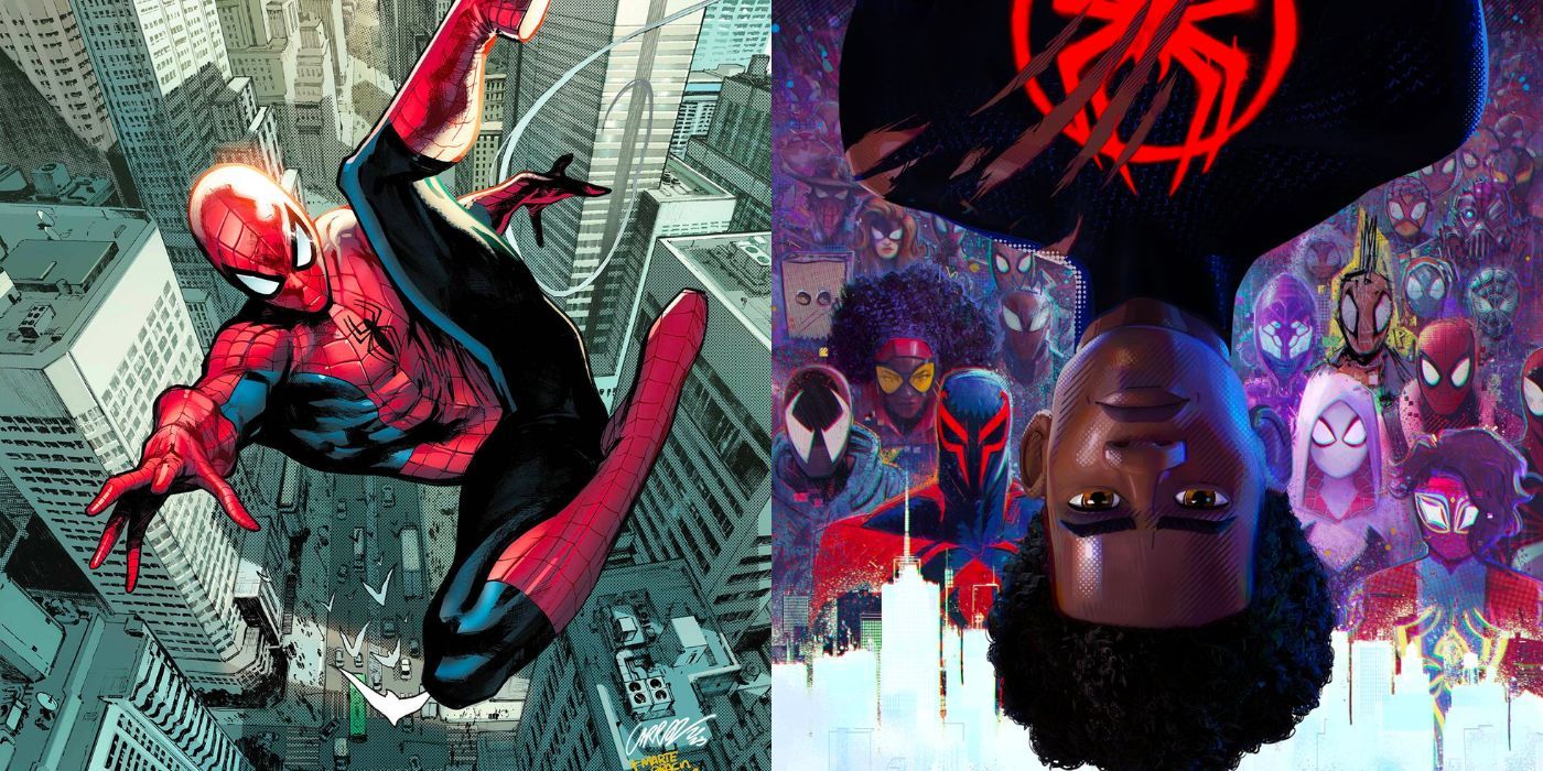 Split image of Spider-Man swinging through the city and Miles Morales on an Across the Spider-Verse poster