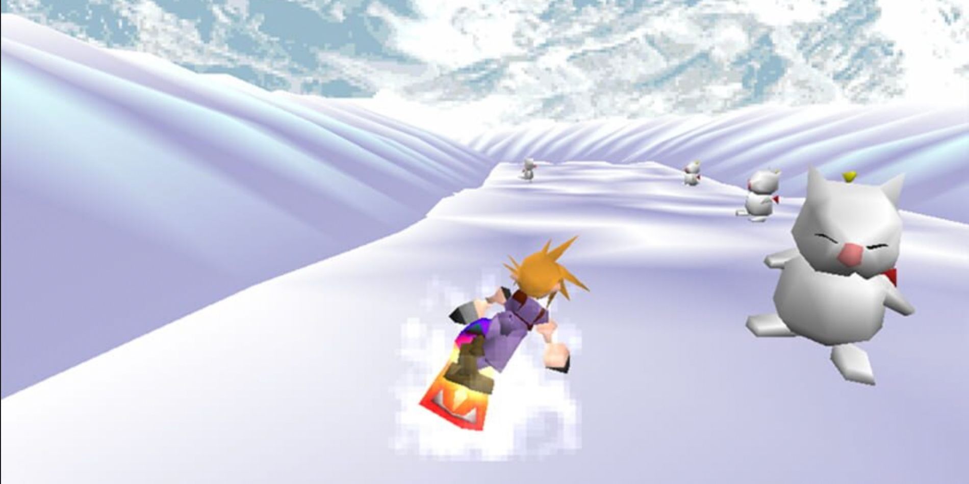 Snowboards de nuvem em Gold Saucer's Snow Game em Final Fantasy VII