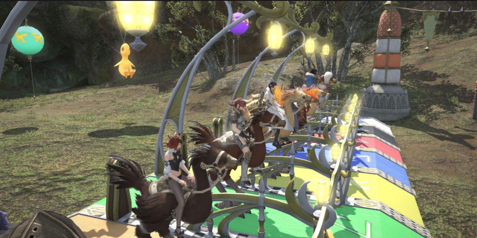 Os pilotos se preparam para entrar no minijogo Chocobo Racing em Final Fantasy XIV