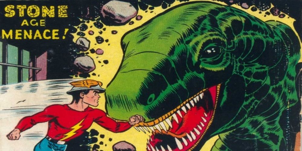 The Flash battles a T-Rex in Flash Comics #86