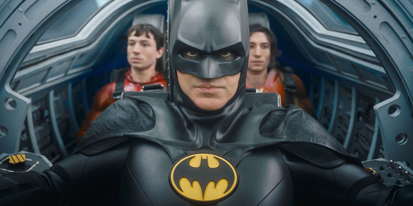 Michael Keaton's Batman flies two Barry Allens around in The Flash.
