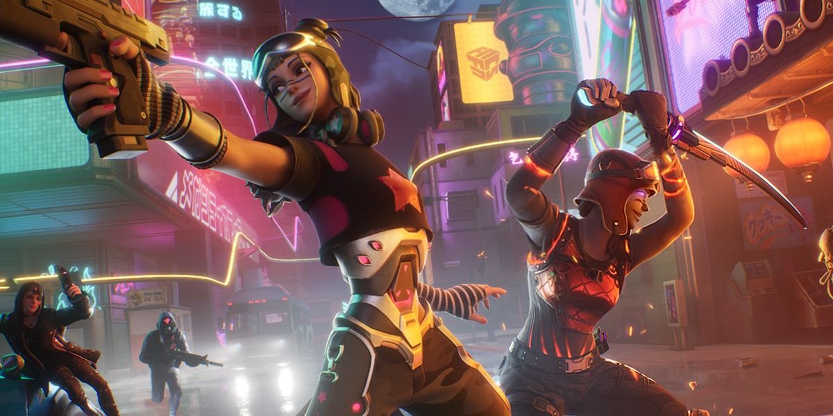 Fortnite art showing two characters on a neon lit city street, one with a gun, one with a sword