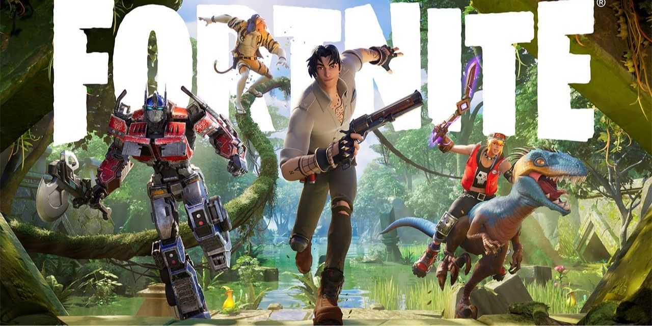 fortnite wilds battle pass promotional page featuring a player character, Optimus Prime, and dinosaurs