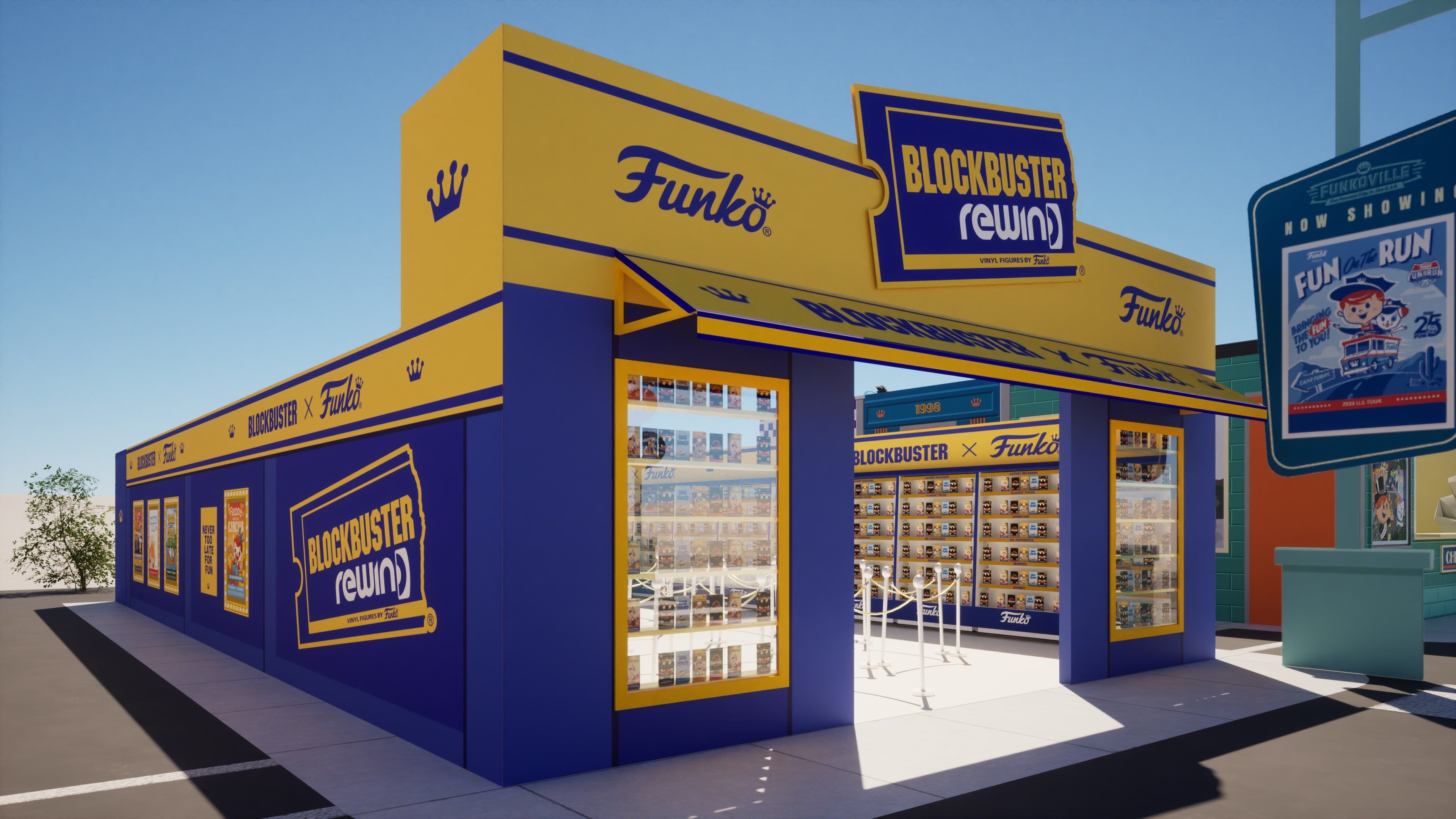 A concept image of the Funko x Blockbuster storefront in Funkoville at the San Diego Comic-Con 2023. 