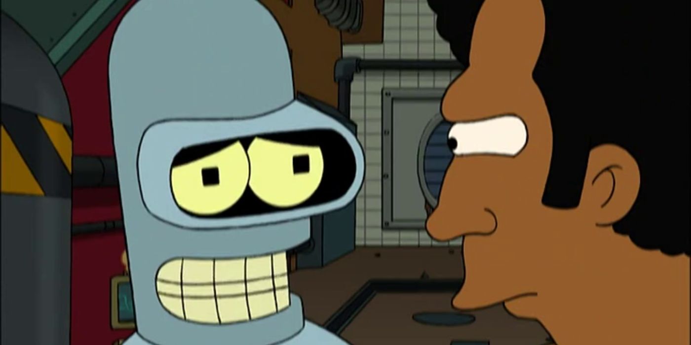 O Bender de Futurama parece triste na frente de um severo Bubblegum Tate