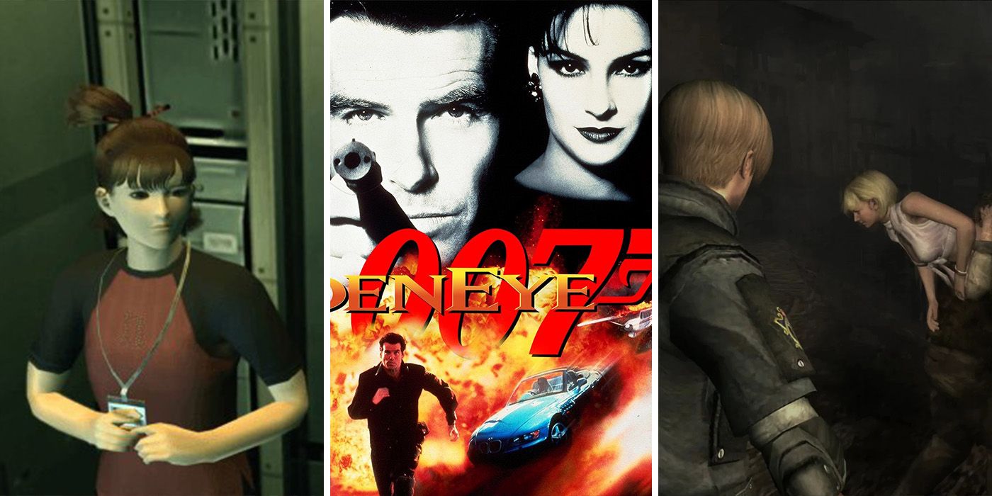 split image: 007 Goldeneye game cover, and escort missions from Metal Gear Solid and RE4 Remake