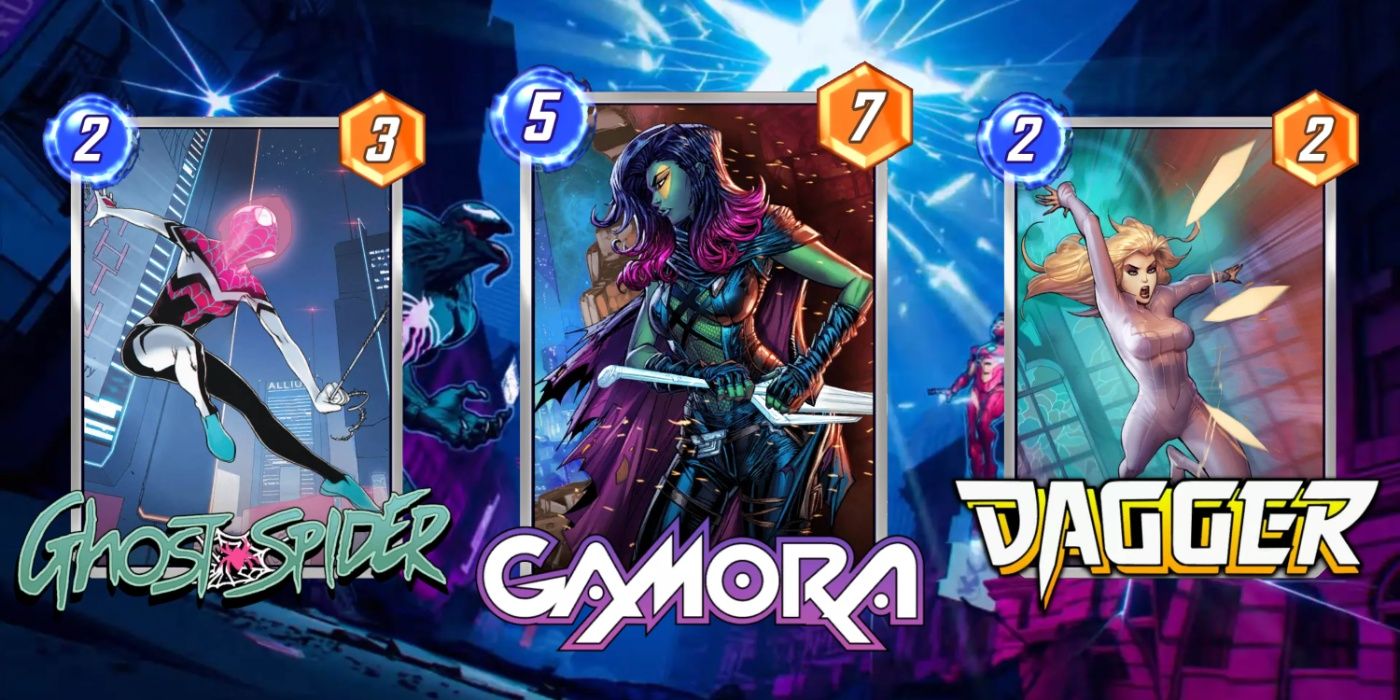 Cartas de baralho Gamoova da Marvel Snap, incluindo Gamora, Ghost-Spider e Dagger