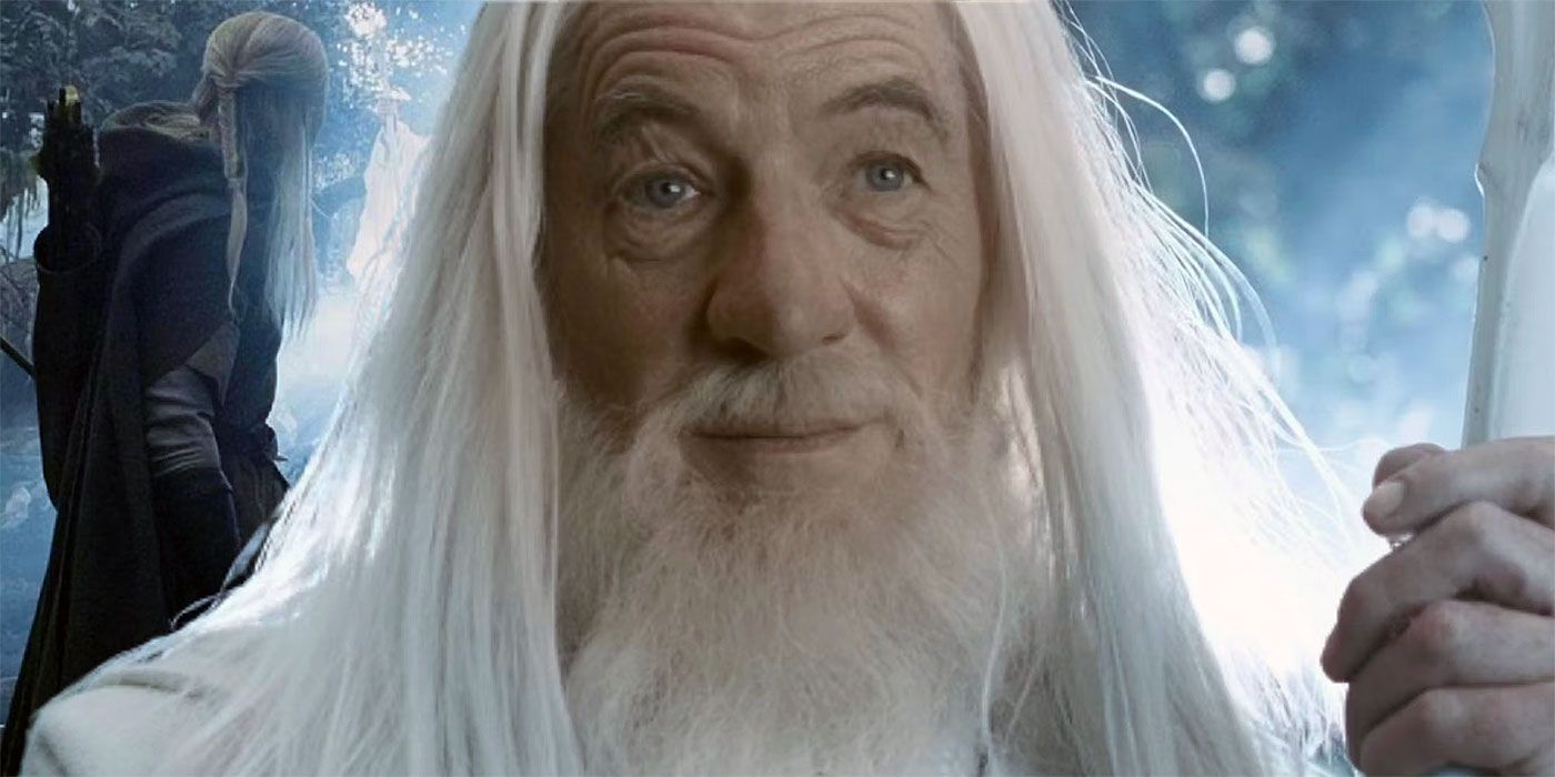 Gandalf the White illuminated against a forest backdrop featuring Legolas