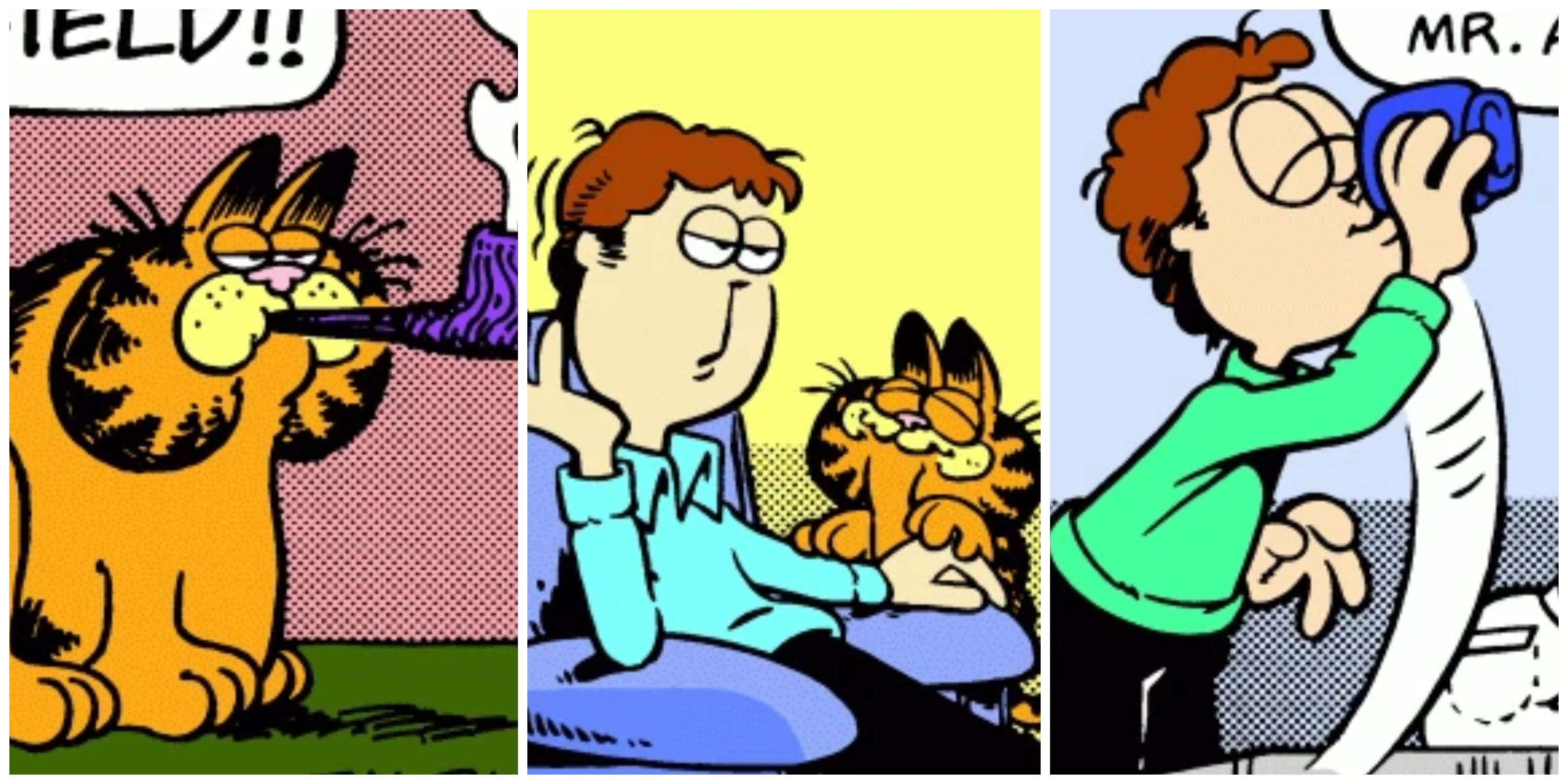 A split image of early Garfield, Jon and Garfield, and Jon Arbuckle drinking coffee