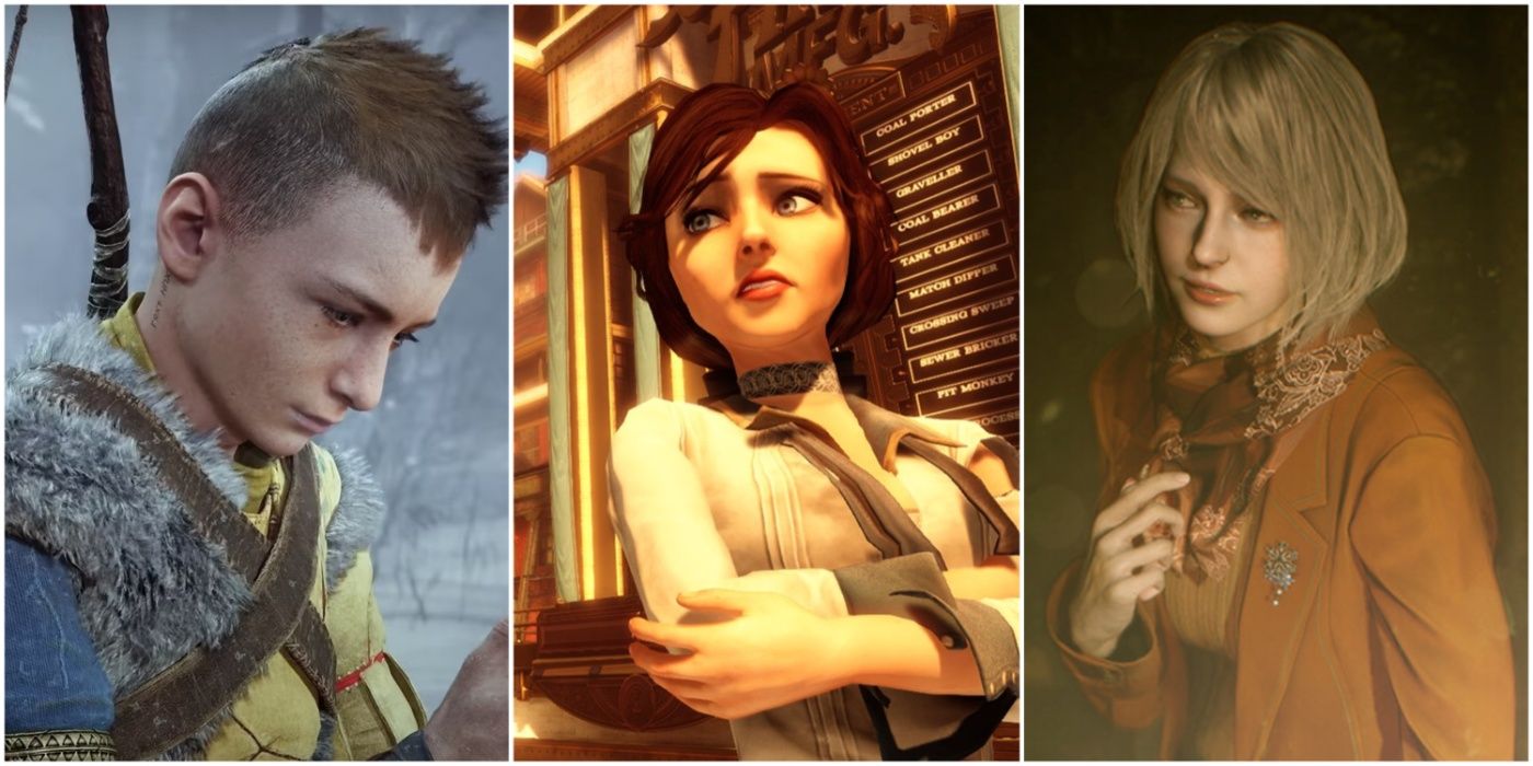A split image showing Atreus in God of War: Ragnarok, Elizabeth Comstock in Bioshock: Infinite, and Ashley Graham in Resident Evil 4 Remake