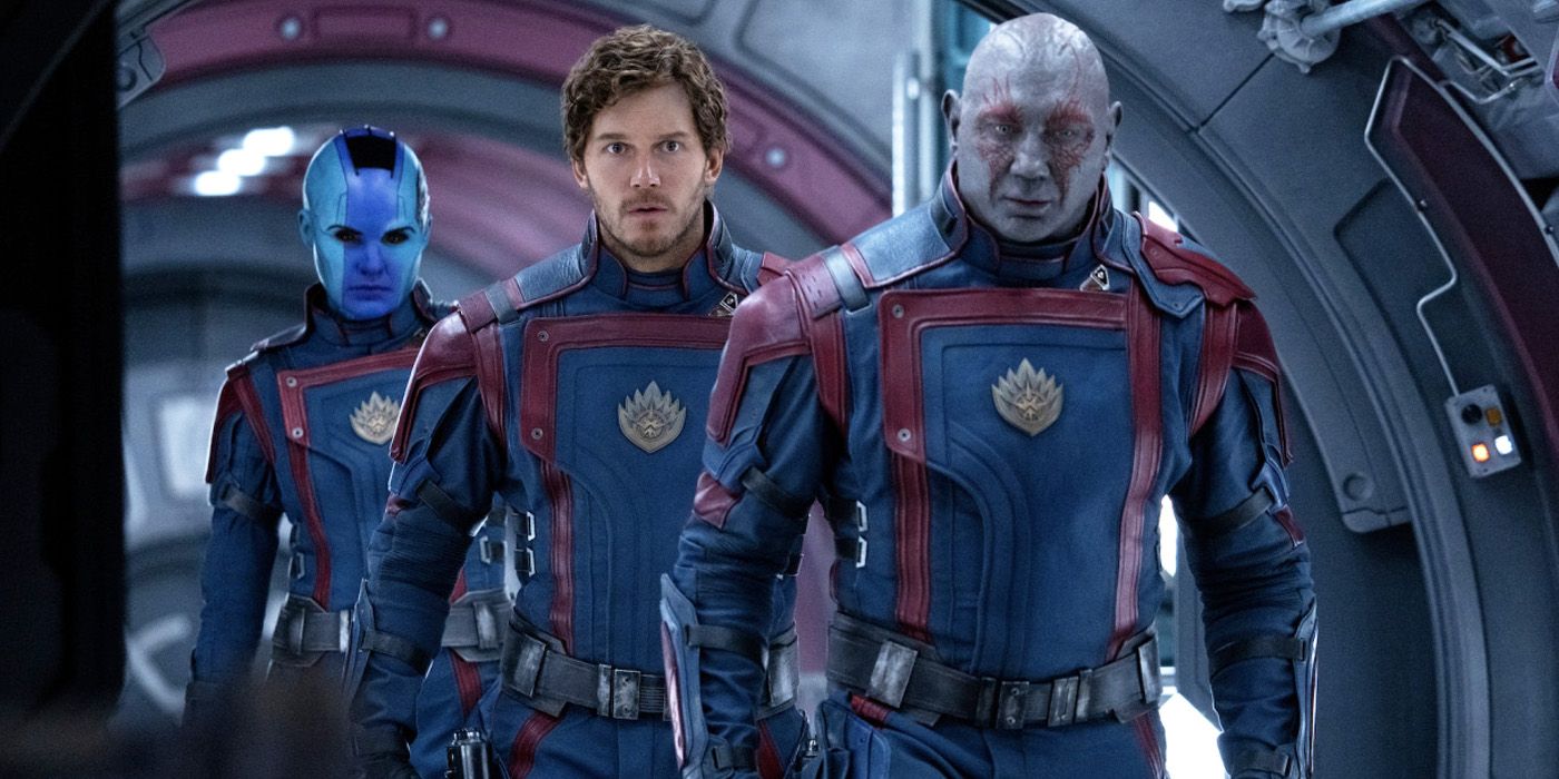Nebula, Star-Lord and Drax suited up in Guardians of the Galaxy Vol. 3.