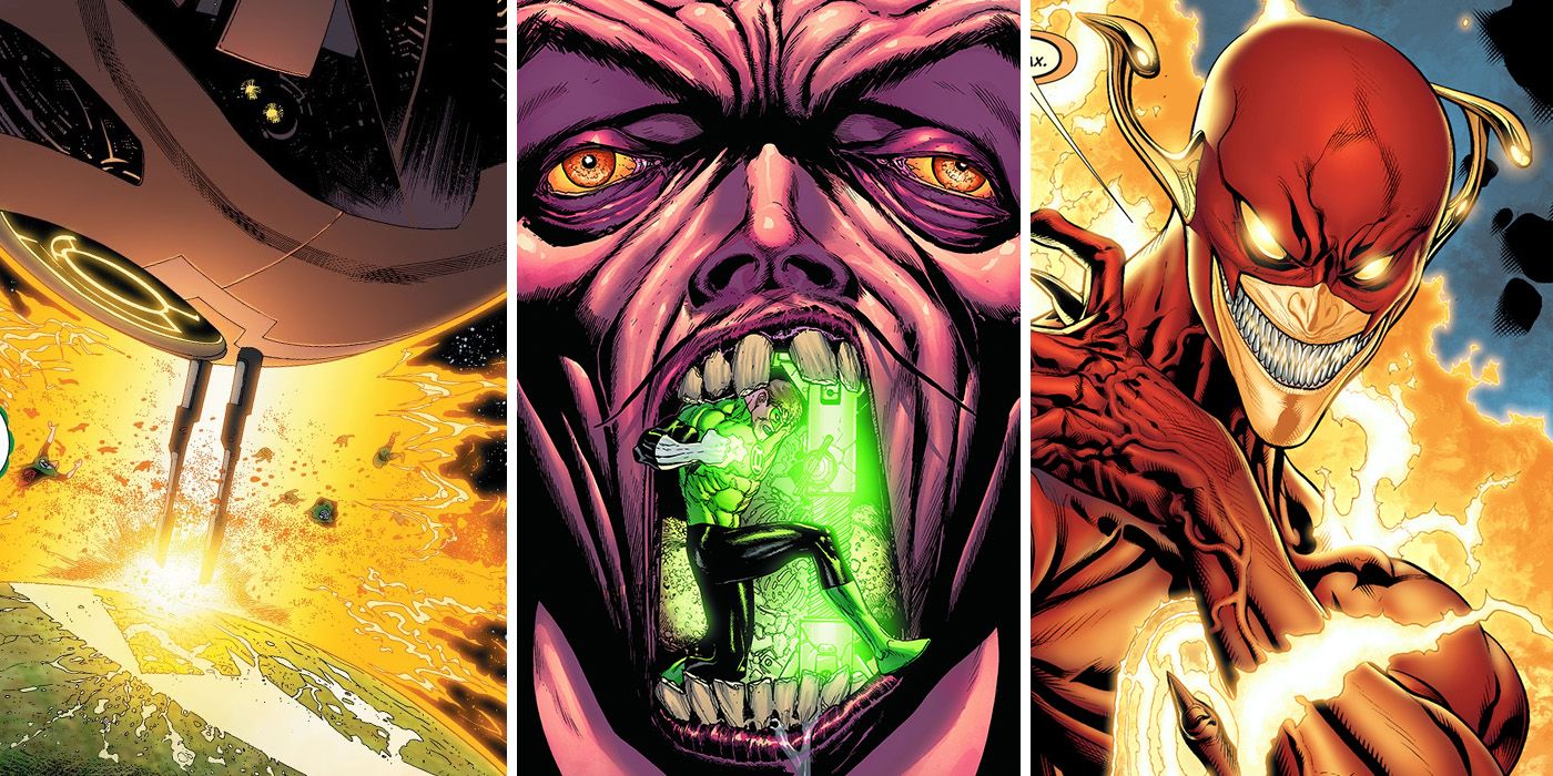 split image: Ranx destroys Mogo, Hector Hammond eats Green Lantern, Parallax controls the Flash