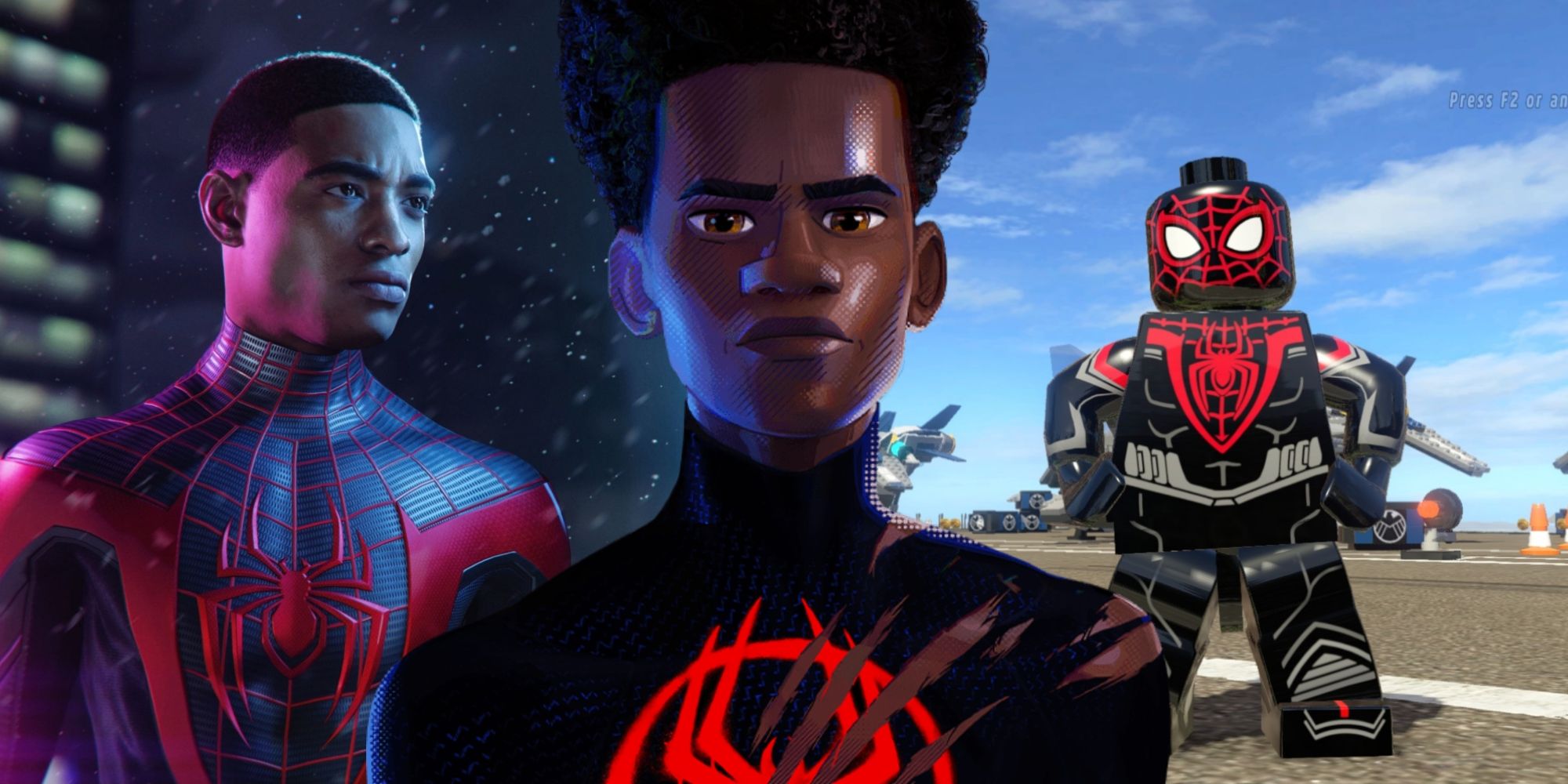 A collage of Miles Morales from the PlayStation games, the Spider-Verse movie, and the LEGO Marvel games