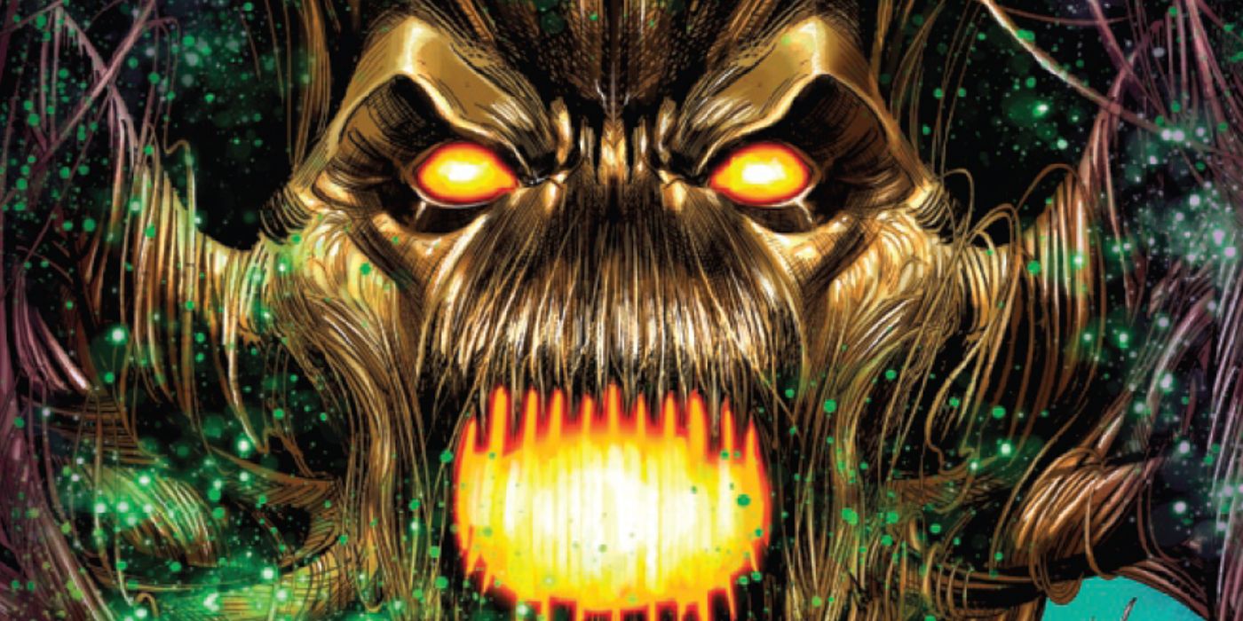 the menacing visage of groot with a golden glow in his eyes and mouth on the cover of guardians of the galaxy 3