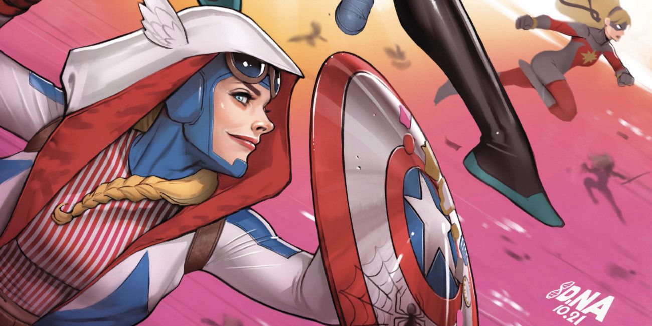 Gwen Rogers aka Captain America smiling while going into battle with her shield in the cover of Gwen-verse