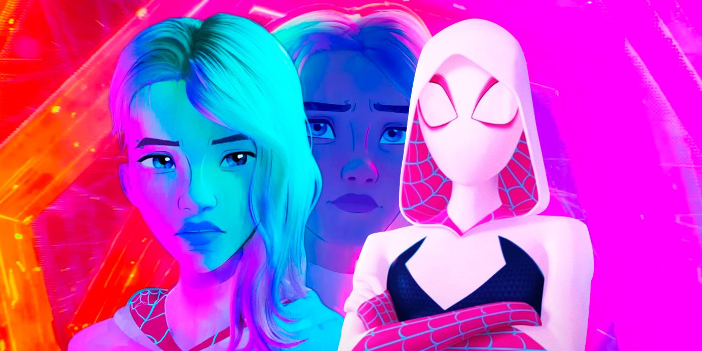 Across the Spider-Verse's Gwen Stacy crosses arms in front of two other images of her unmasked